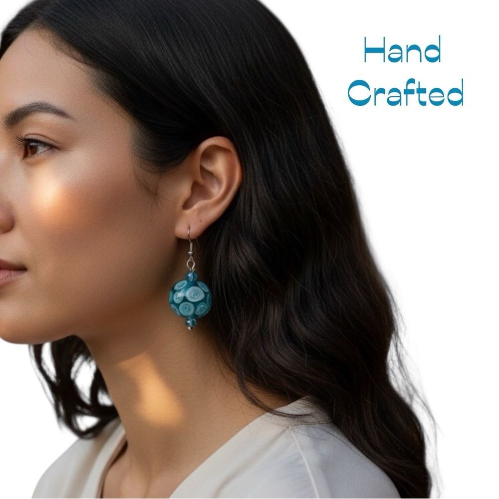 HandCrafted Teal White Lamp-work Glass Earrings NWT Bohemian Artsy